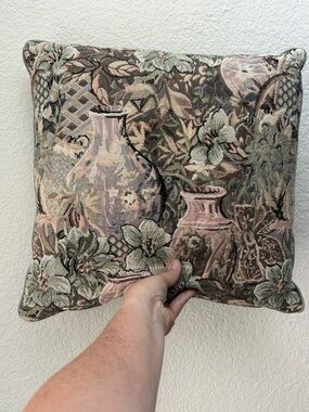 Decorative Floral Tapestry Throw Pillow in Sage and Pink